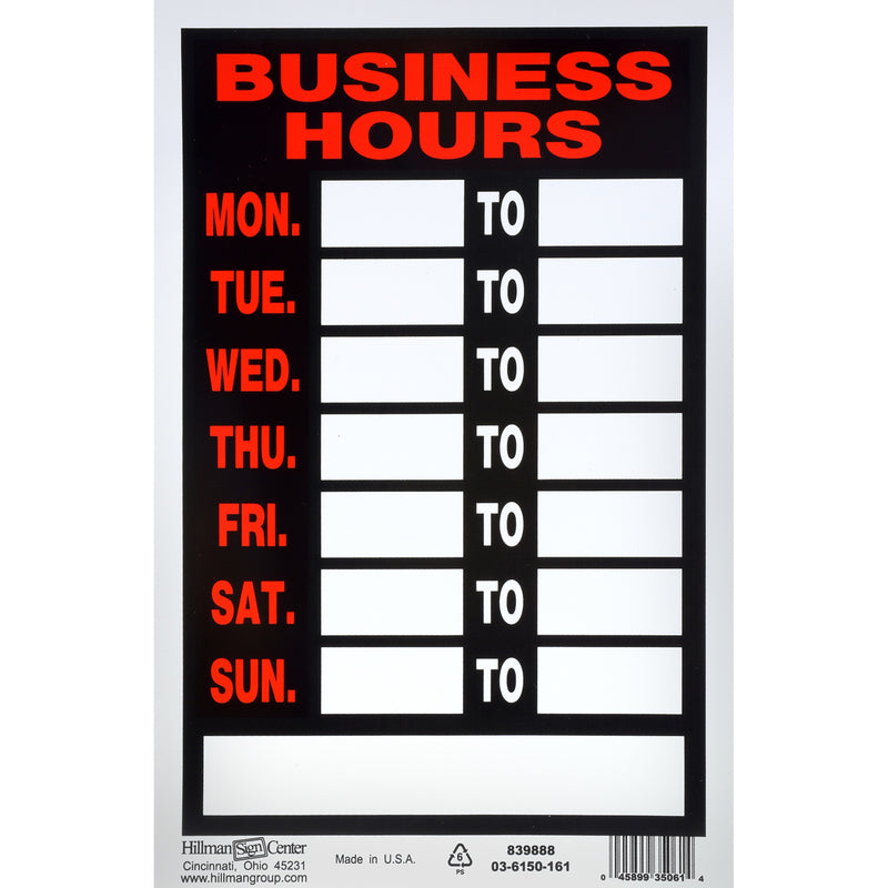 HILLMAN English Black Hours Sign 12 in. H X 8 in. W, Pack of 6