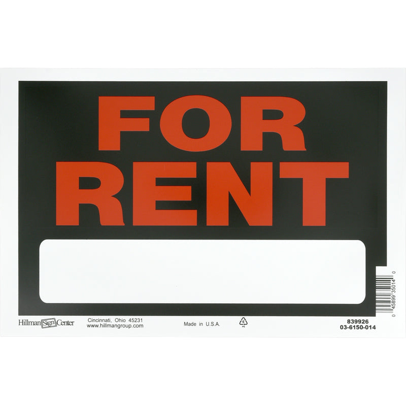 HILLMAN English Black For Rent Sign 8 in. H X 12 in. W, Pack of 6