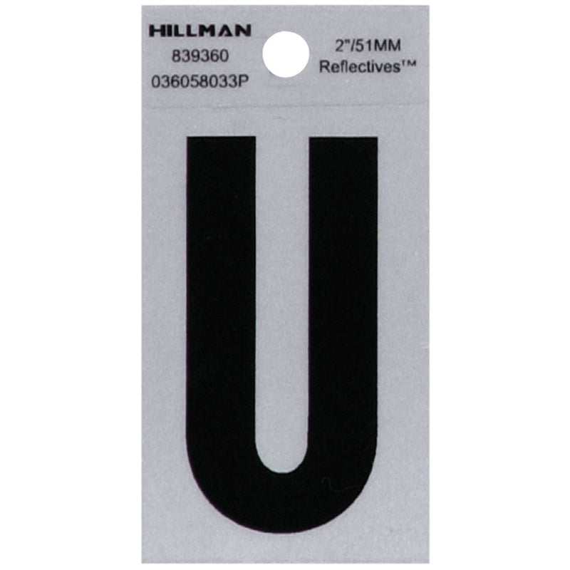HILLMAN 2 in. Reflective Black Vinyl Self-Adhesive Letter U 1 pc, Pack of 6
