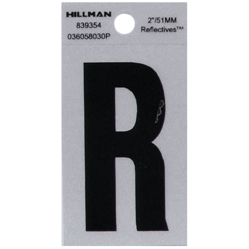 HILLMAN 2 in. Reflective Black Vinyl Self-Adhesive Letter R 1 pc, Pack of 6