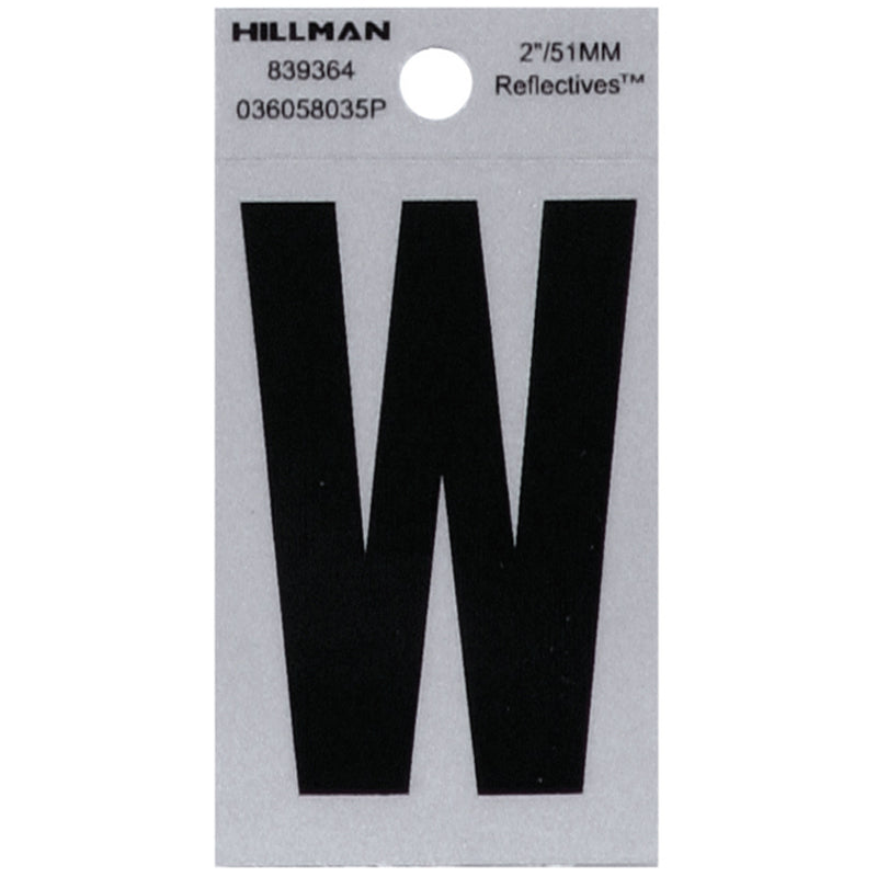 HILLMAN 2 in. Reflective Black Vinyl Self-Adhesive Letter W 1 pc, Pack of 6