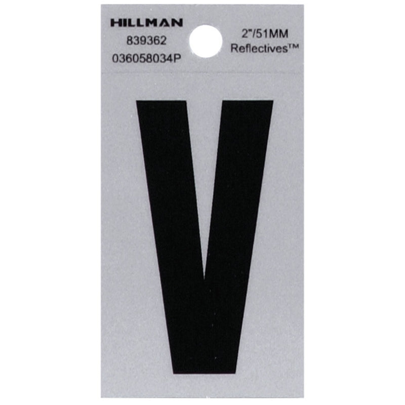 HILLMAN 2 in. Reflective Black Vinyl Self-Adhesive Letter V 1 pc, Pack of 6