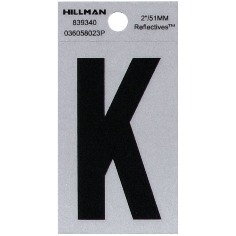HILLMAN 2 in. Reflective Black Vinyl Self-Adhesive Letter K 1 pc, Pack of 6