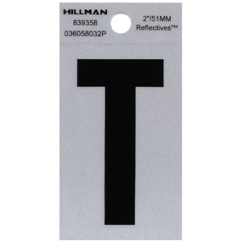 HILLMAN 2 in. Reflective Black Vinyl Self-Adhesive Letter T 1 pc, Pack of 6