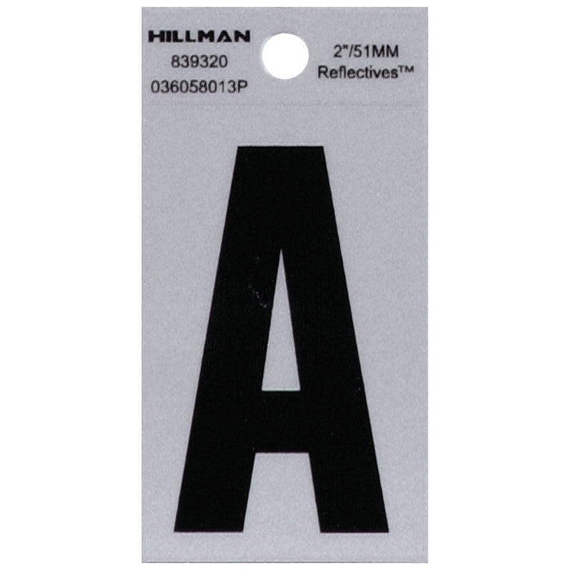 HILLMAN 2 in. Reflective Black Vinyl Self-Adhesive Letter A 1 pc, Pack of 6