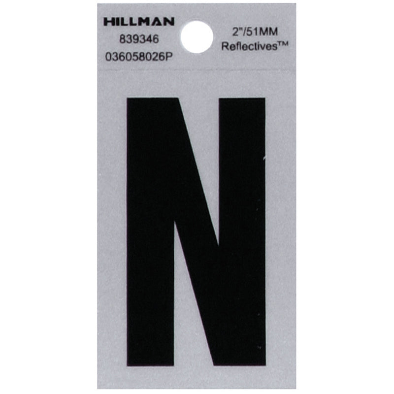 HILLMAN 2 in. Reflective Black Vinyl Self-Adhesive Letter N 1 pc, Pack of 6