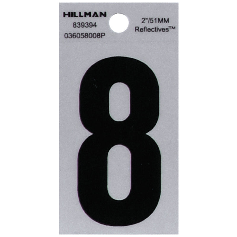 HILLMAN 2 in. Reflective Black Vinyl Self-Adhesive Number 8 1 pc, Pack of 6