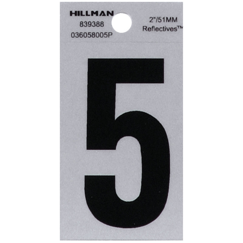 HILLMAN 2 in. Reflective Black Vinyl Self-Adhesive Number 5 1 pc, Pack of 6