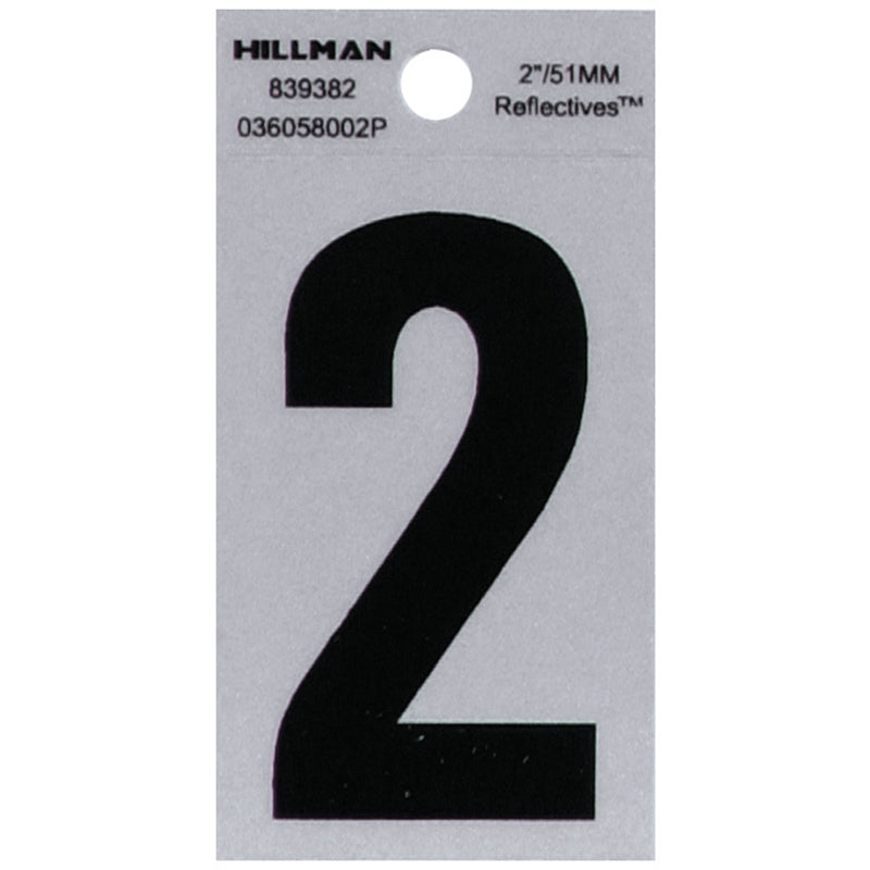 HILLMAN 2 in. Reflective Black Vinyl Self-Adhesive Number 2 1 pc, Pack of 6