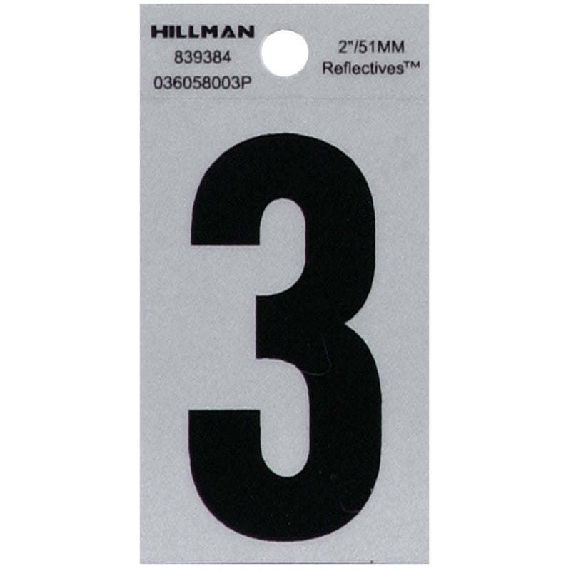 HILLMAN 2 in. Reflective Black Vinyl Self-Adhesive Number 3 1 pc, Pack of 6