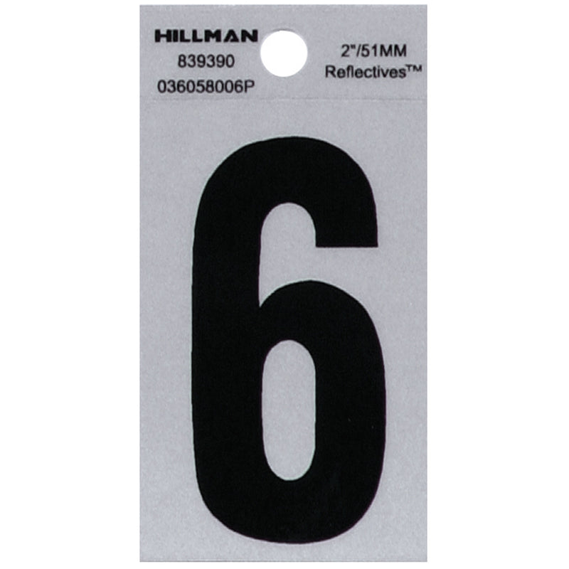HILLMAN 2 in. Reflective Black Vinyl Self-Adhesive Number 6 1 pc, Pack of 6