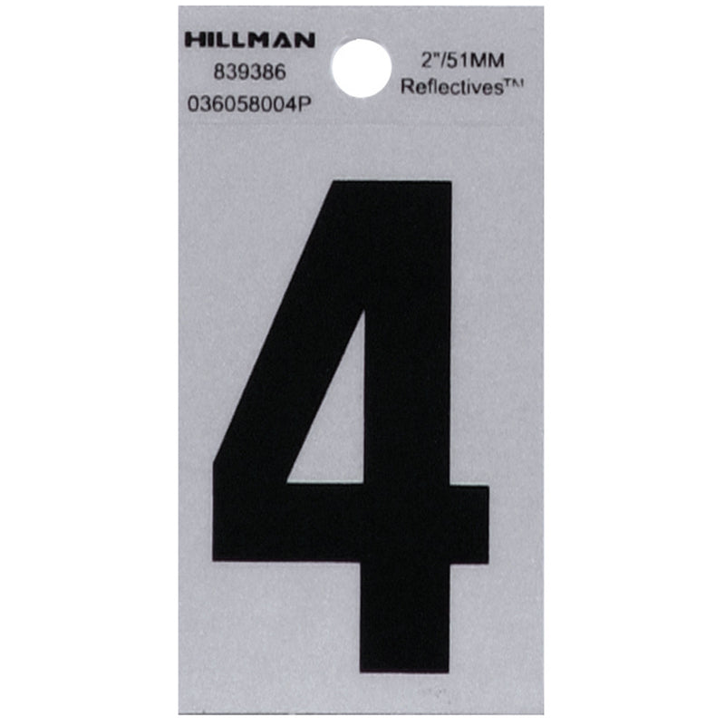 HILLMAN 2 in. Reflective Black Vinyl Self-Adhesive Number 4 1 pc, Pack of 6