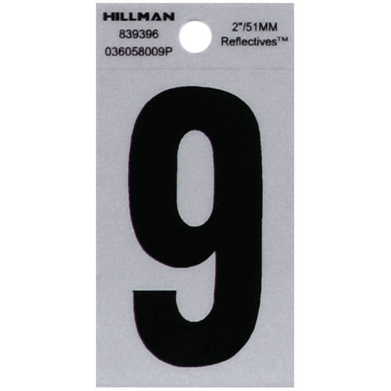 HILLMAN 2 in. Reflective Black Vinyl Self-Adhesive Number 9 1 pc, Pack of 6