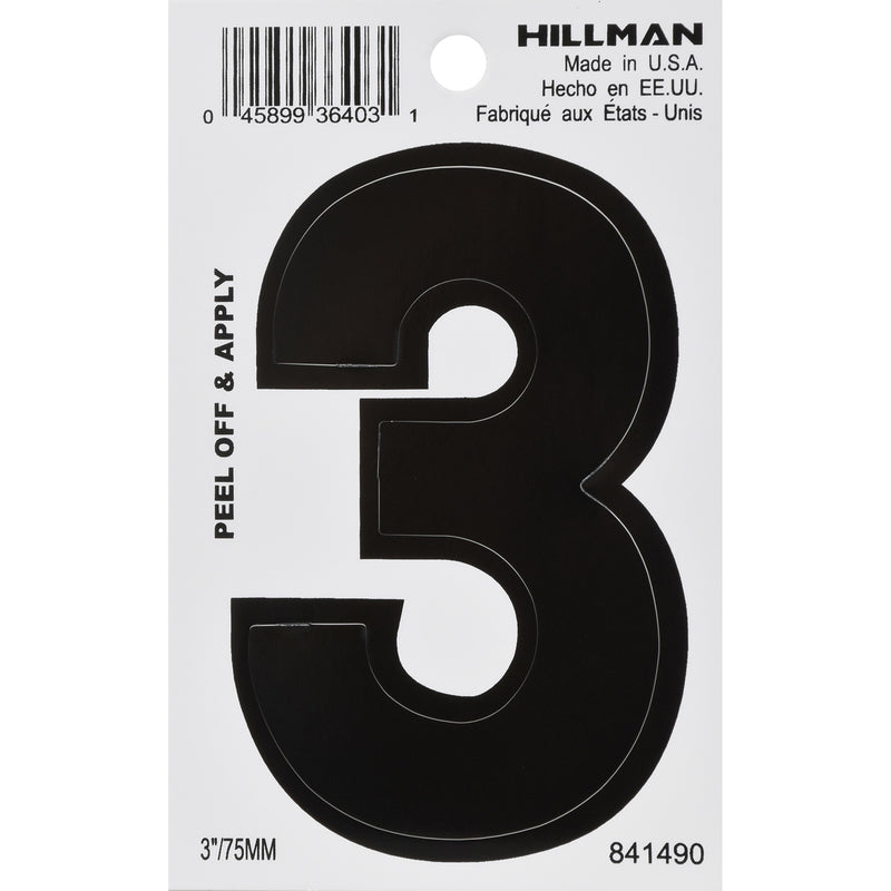 HILLMAN 3 in. Black Vinyl Self-Adhesive Number 3 1 pc, Pack of 6