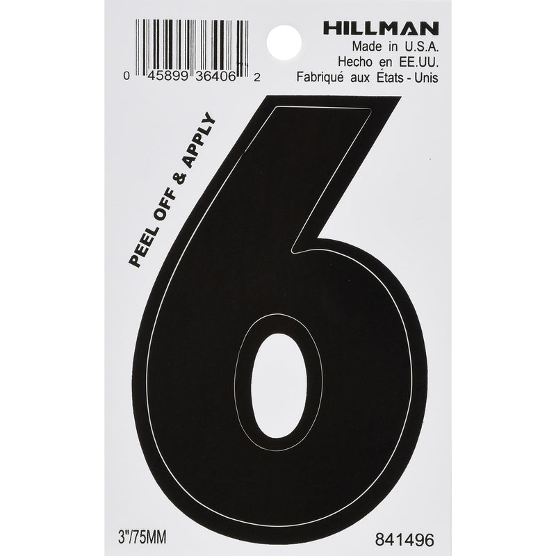 HILLMAN 3 in. Black Vinyl Self-Adhesive Number 6 1 pc, Pack of 6