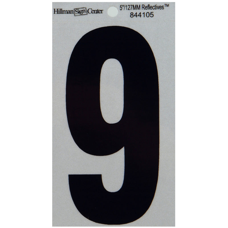 HILLMAN 5 in. Reflective Black Vinyl Self-Adhesive Number 9 1 pc, Pack of 6