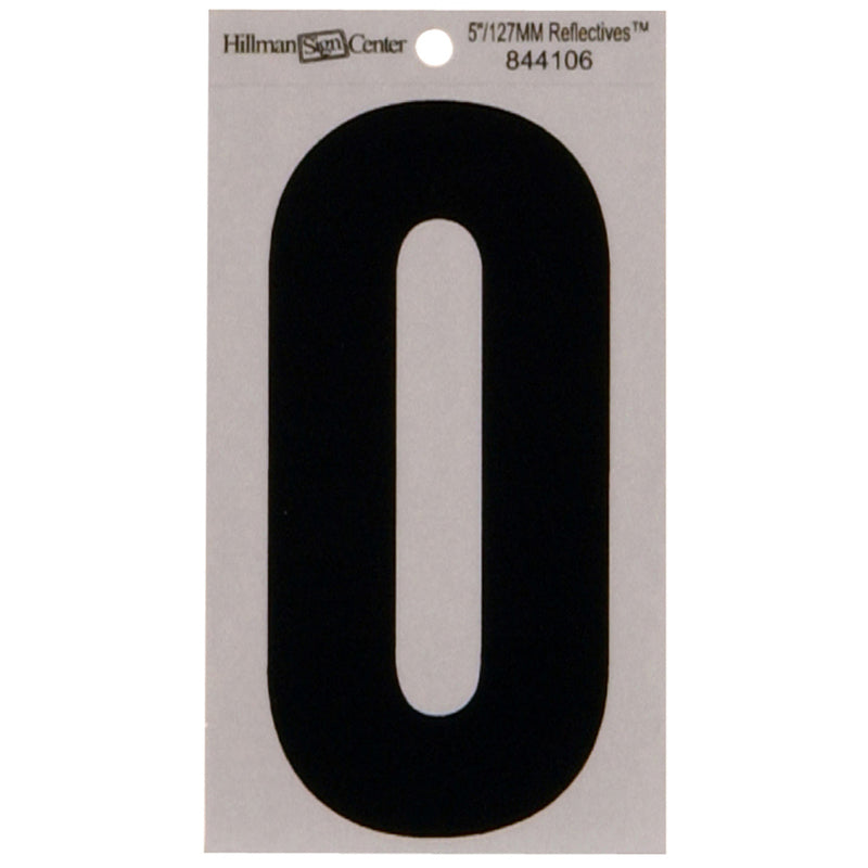 HILLMAN 5 in. Reflective Black Vinyl Self-Adhesive Number 0 1 pc, Pack of 6