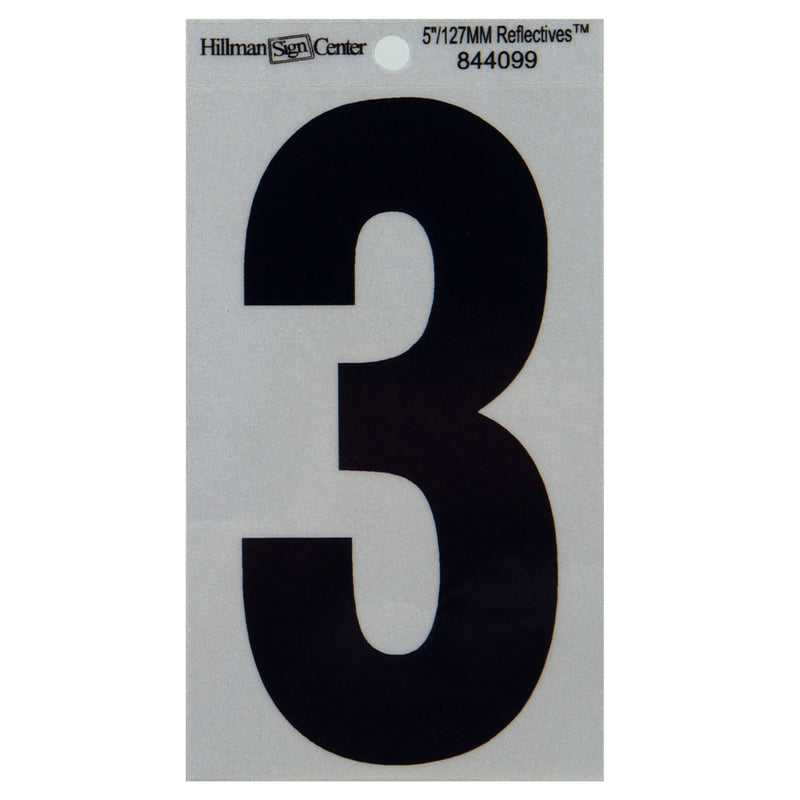 HILLMAN 5 in. Reflective Black Vinyl Self-Adhesive Number 3 1 pc, Pack of 6