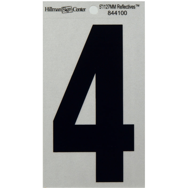 HILLMAN 5 in. Reflective Black Vinyl Self-Adhesive Number 4 1 pc, Pack of 6