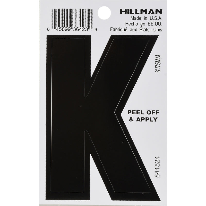 HILLMAN 3 in. Black Vinyl Self-Adhesive Letter K 1 pc, Pack of 6
