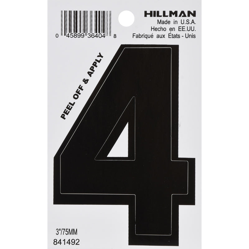 HILLMAN 3 in. Black Vinyl Self-Adhesive Number 4 1 pc, Pack of 6