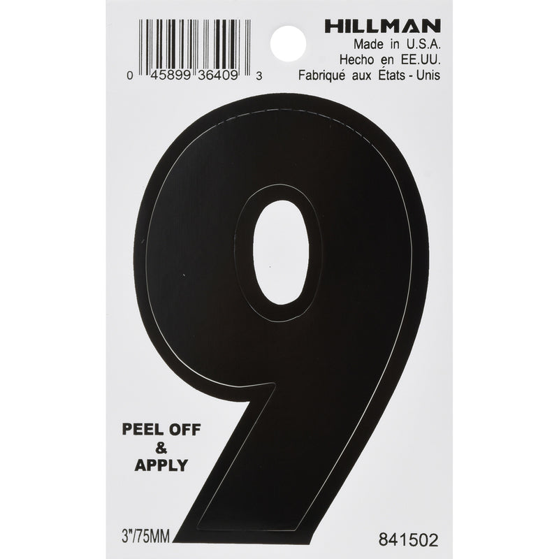HILLMAN 3 in. Black Vinyl Self-Adhesive Number 9 1 pc, Pack of 6