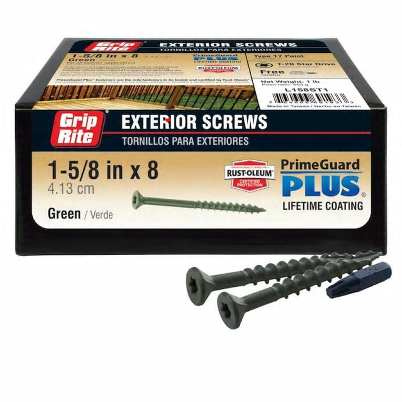 Grip-Rite PrimeGuard Plus No. 8 wire X 1-5/8 in. L Green Star Bugle Head Exterior Deck Screws 1 lb 1, Pack of 12