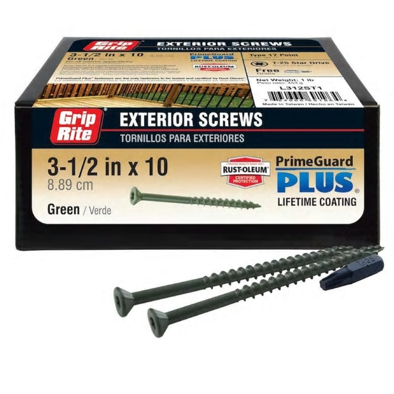 Grip-Rite PrimeGuard Plus No. 10 wire X 3-1/2 in. L Green Star Bugle Head Deck Screws 1 lb 53 pk, Pack of 12