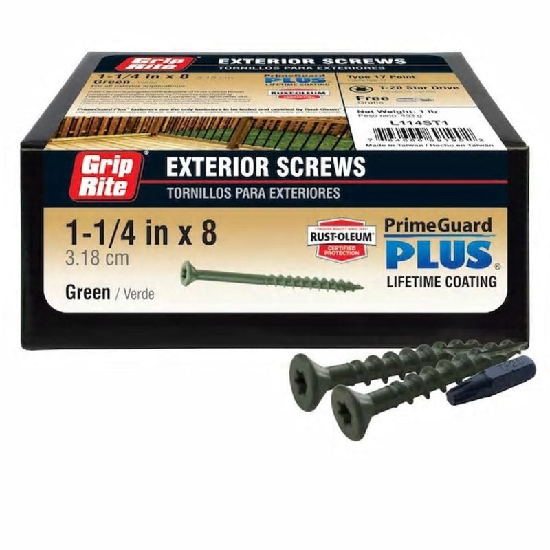 Grip-Rite PrimeGuard Plus No. 8 wire X 1-1/4 in. L Green Star Bugle Head Deck Screws 1 lb 123 pk, Pack of 12