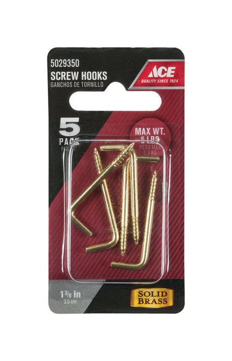 Ace Small Polished Brass Green Brass 1.375 in. L Square Bend Screw Hook 5 lb 5 pk, Pack of 5