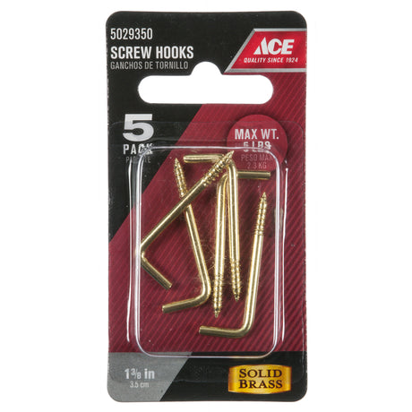 Ace Small Polished Brass Green Brass 1.375 in. L Square Bend Screw Hook 5 lb 5 pk, Pack of 5