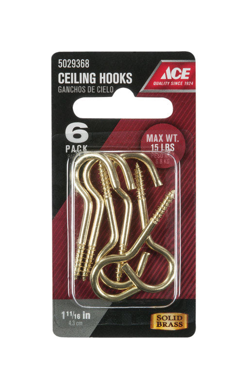 Ace Small Polished Brass Gold Brass 1.6875 in. L Ceiling Hook 15 lb 6 pk, Pack of 5