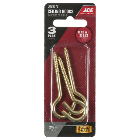 Ace Small Polished Brass Green Brass 2.5 in. L Ceiling Hook 35 lb 3 pk, Pack of 5