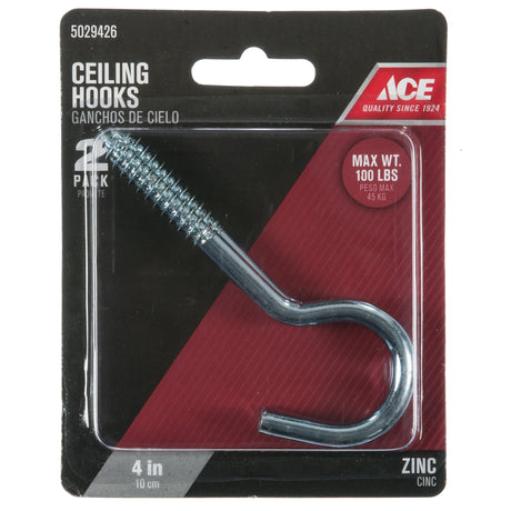 Ace Small Zinc-Plated Silver Steel 4.0625 in. L Ceiling Hook 100 lb 2 pk, Pack of 5