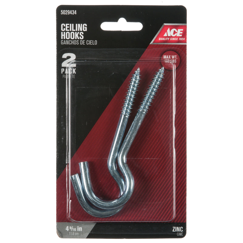 Ace Small Zinc-Plated Silver Steel 4.5625 in. L Ceiling Hook 160 lb 2 pk, Pack of 5