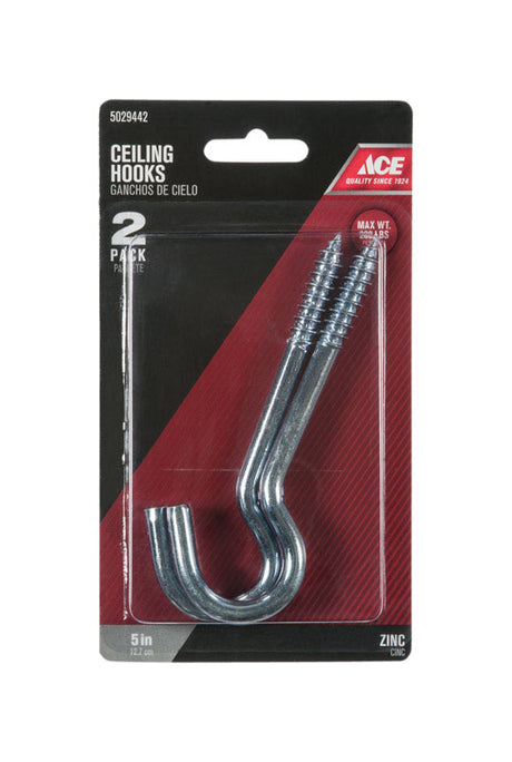 Ace Small Zinc-Plated Silver Steel 5 in. L Ceiling Hook 200 lb 2 pk, Pack of 5