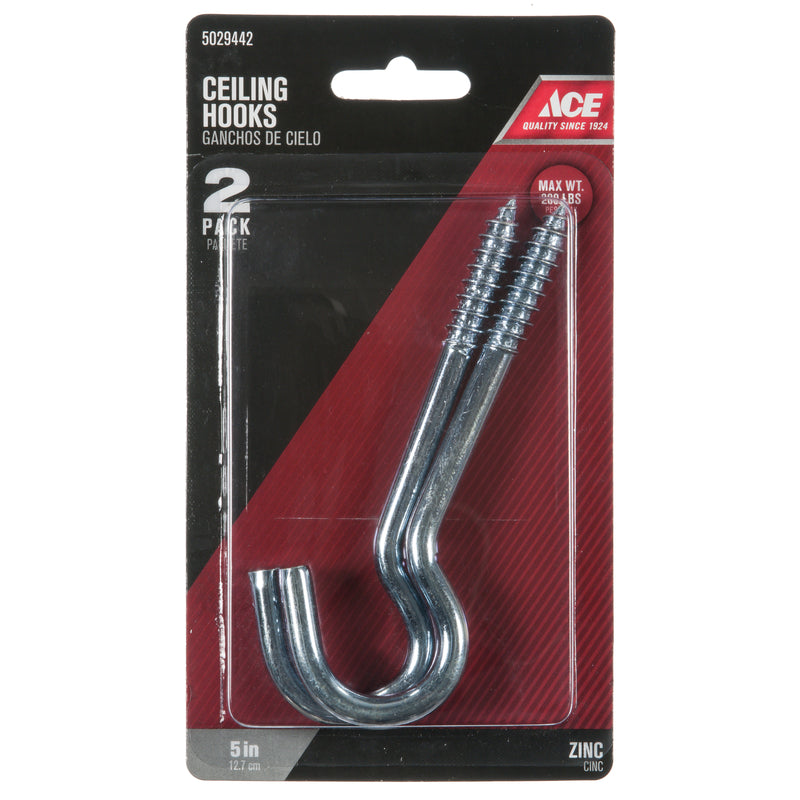 Ace Small Zinc-Plated Silver Steel 5 in. L Ceiling Hook 200 lb 2 pk, Pack of 5