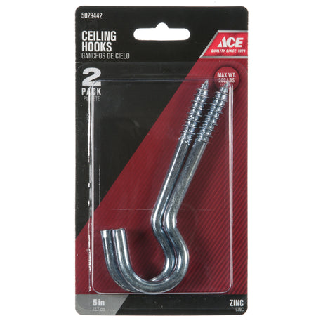 Ace Small Zinc-Plated Silver Steel 5 in. L Ceiling Hook 200 lb 2 pk, Pack of 5