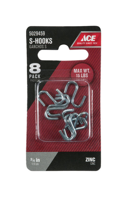 Ace Small Zinc-Plated Silver Steel 0.75 in. L S-Hook 15 lb 8 pk, Pack of 5