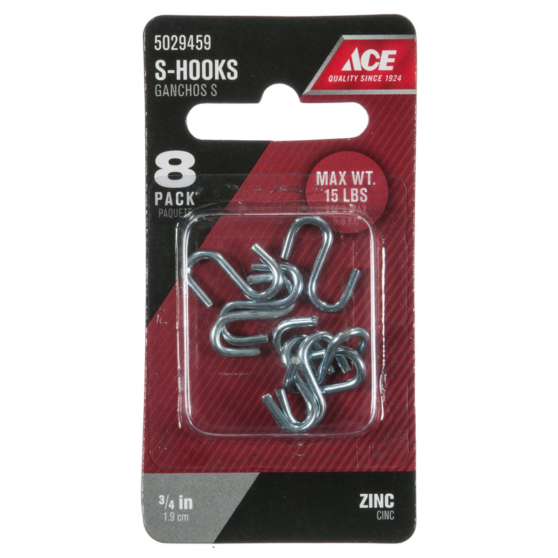 Ace Small Zinc-Plated Silver Steel 0.75 in. L S-Hook 15 lb 8 pk, Pack of 5