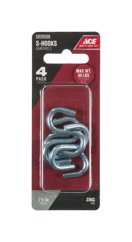 Ace Small Zinc-Plated Silver Steel 1.5 in. L S-Hook 80 lb 4 pk, Pack of 5