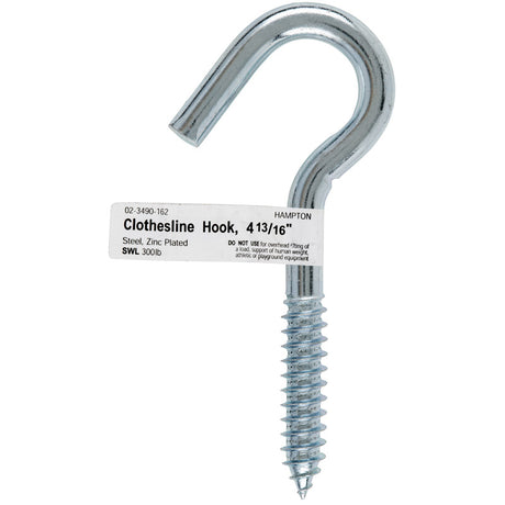 Hampton Small Zinc-Plated Silver Steel 4.8125 in. L Clothesline Hook 300 lb 1 pk, Pack of 10