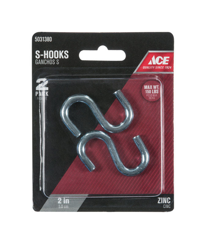 Ace Small Zinc-Plated Silver Steel 2 in. L S-Hook 150 lb 2 pk, Pack of 5