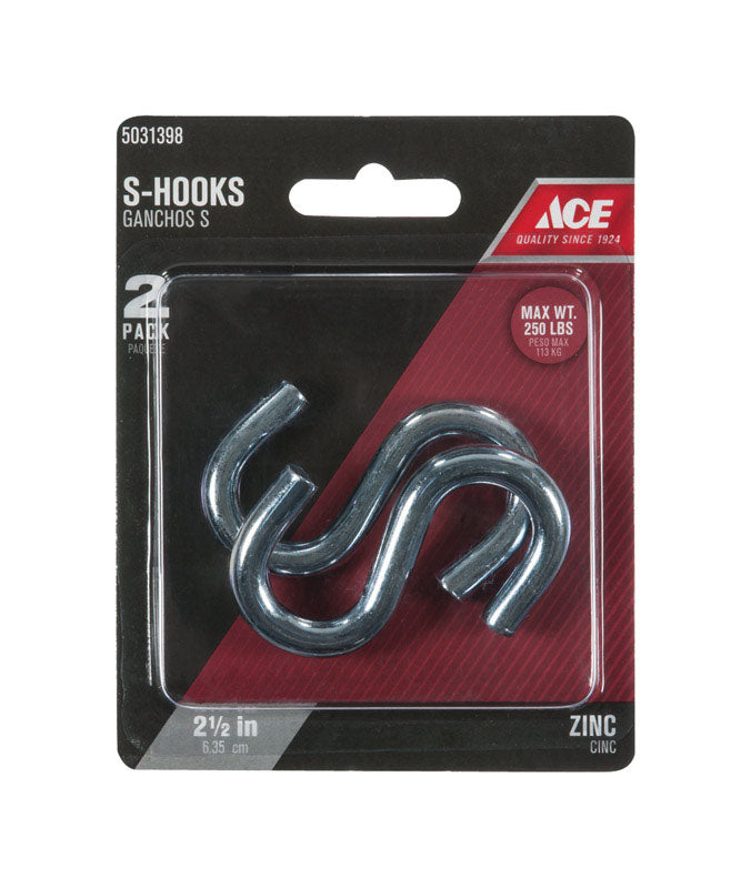 Ace Small Zinc-Plated Silver Steel 2.5 in. L S-Hook 250 lb 2 pk, Pack of 5