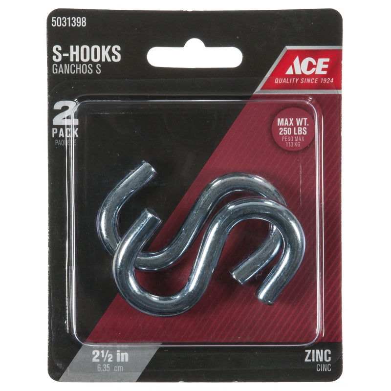 Ace Small Zinc-Plated Silver Steel 2.5 in. L S-Hook 250 lb 2 pk, Pack of 5