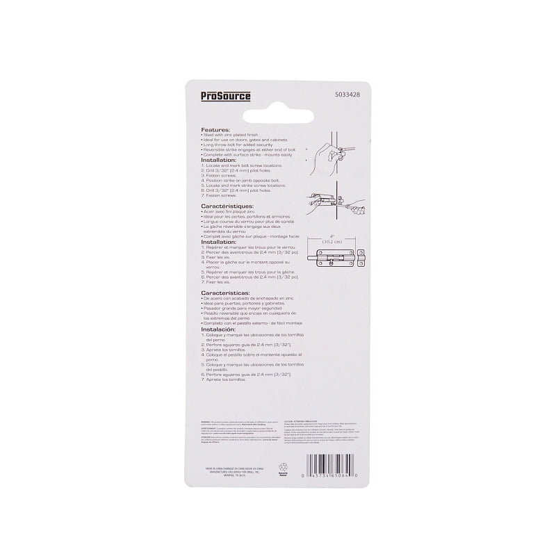 ProSource CL-205-PS Barrel Bolt, 0.31 Dia in Bolt Head, 4 in L Bolt, Steel, Zinc Plated