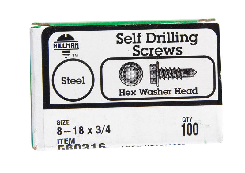 HILLMAN No. 8-18 X 3/4 in. L Hex Hex Washer Head Self-Drilling Screws 100 pk