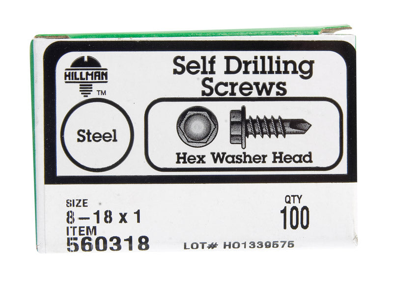HILLMAN No. 8-18 X 1 in. L Hex Hex Washer Head Self-Drilling Screws 100 pk