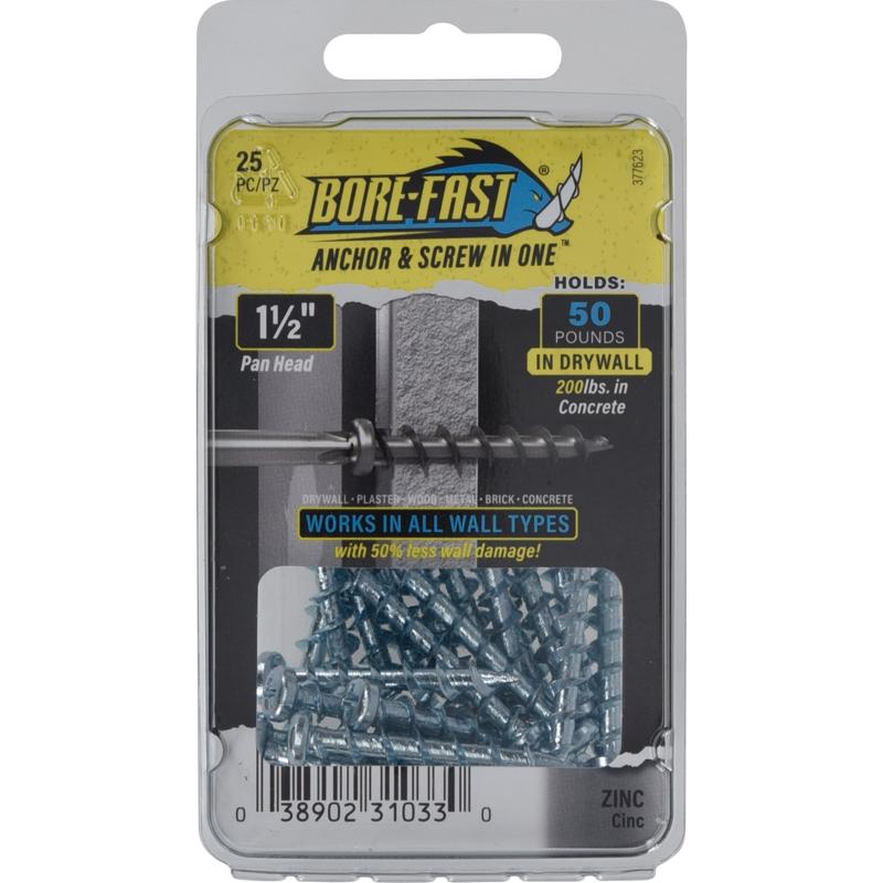 Bore-Fast 3/16 in. D X 1-1/2 in. L Steel Pan Head Screw and Anchor 25 pc, Pack of 5