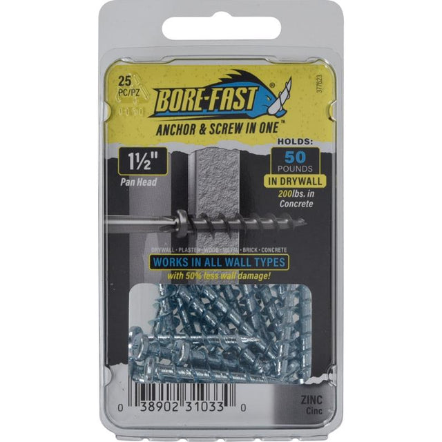 Bore-Fast 3/16 in. D X 1-1/2 in. L Steel Pan Head Screw and Anchor 25 pc, Pack of 5
